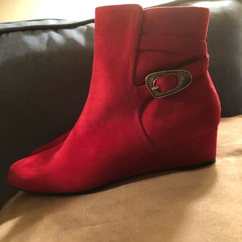 GATES WEDGE RED BOOTIE. The buckle on the side is so pretty.